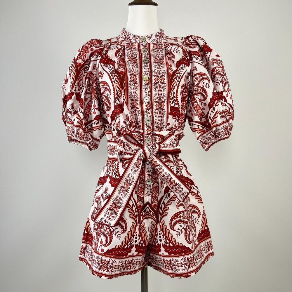 NWT Farm Rio Tropical Cameo Belted Romper Size XS 100% Cotton Puff Sleeves - Picture 5 of 12